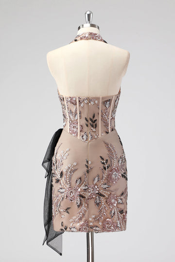 Glitter Halter Blush Korset Stramme Appliques Kort Cocktail Kjole med Perlearbejde